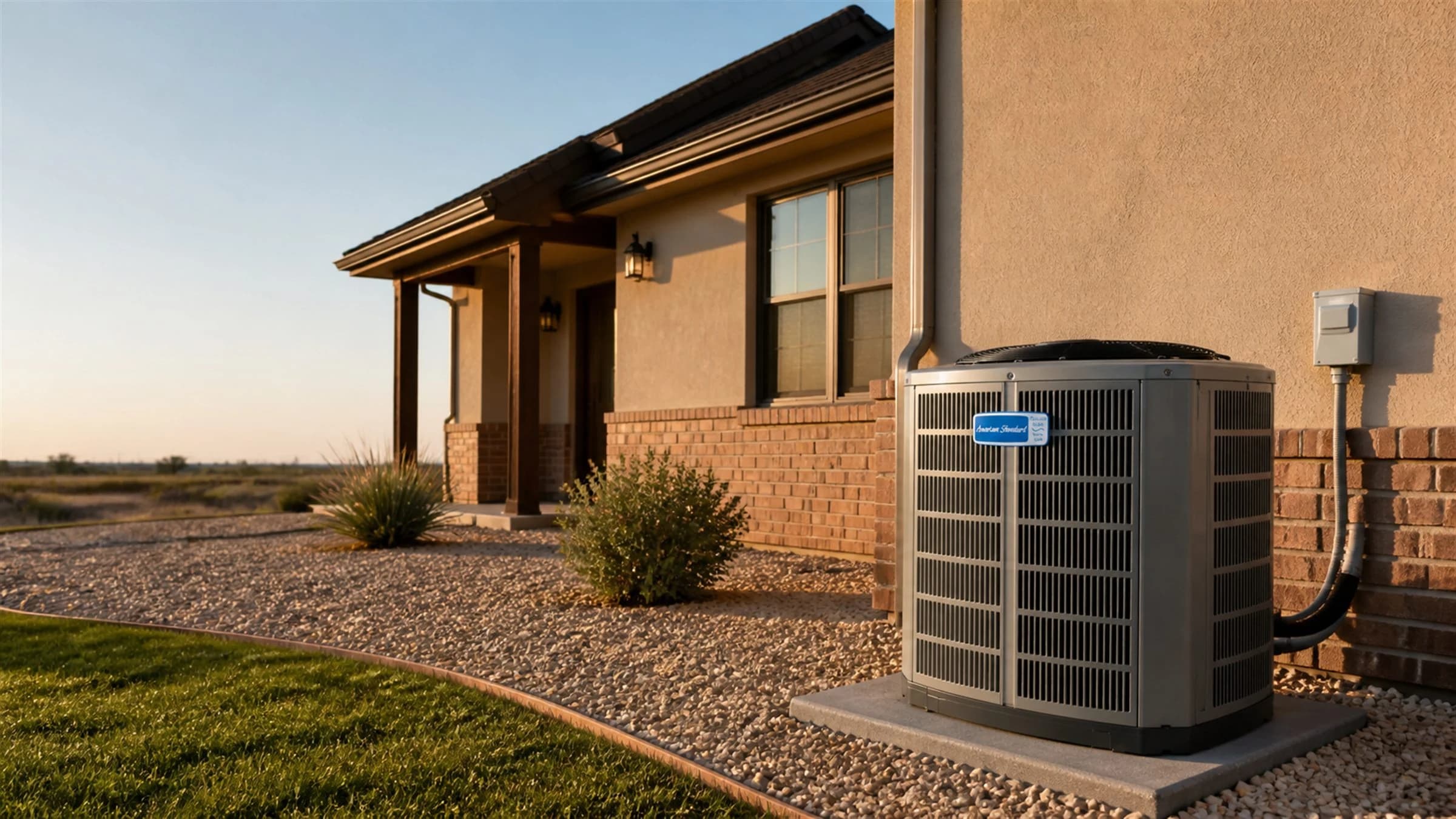 American Standard outdoor air conditioning unit beside a West Texas home at sunset
